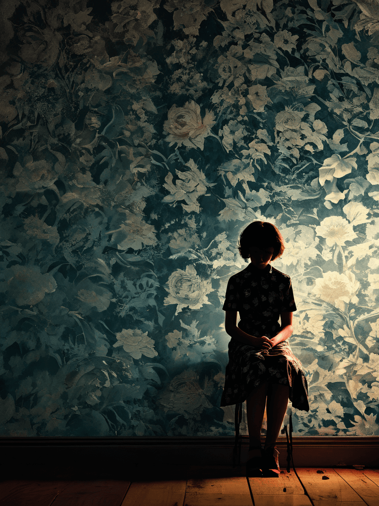 AI generated:  A moody, hyper realistic and, cinematic scene of (((young))) woman sitting on a wooden floor in a d...