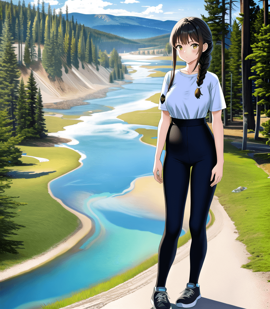 AI generated: (perfect anime illustration), 1girl, braided buns, long hair, brown hair, beautiful sky, national pa...