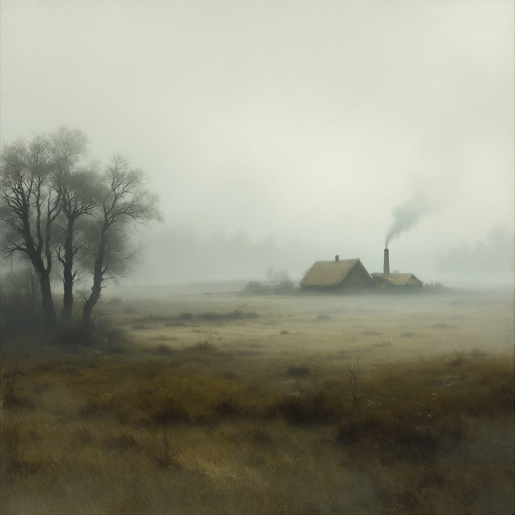 AI generated: Misty rural landscape with a distant hut, strings vibrating, chimney puffing smoke, amidst eerie win...
