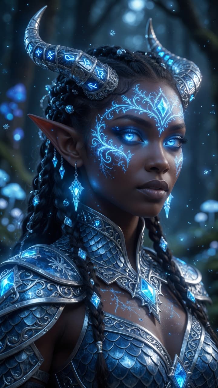 AI generated: A breathtaking close-up portrait of a stunning dark-skinned fantasy elf woman with luminous glowing ...