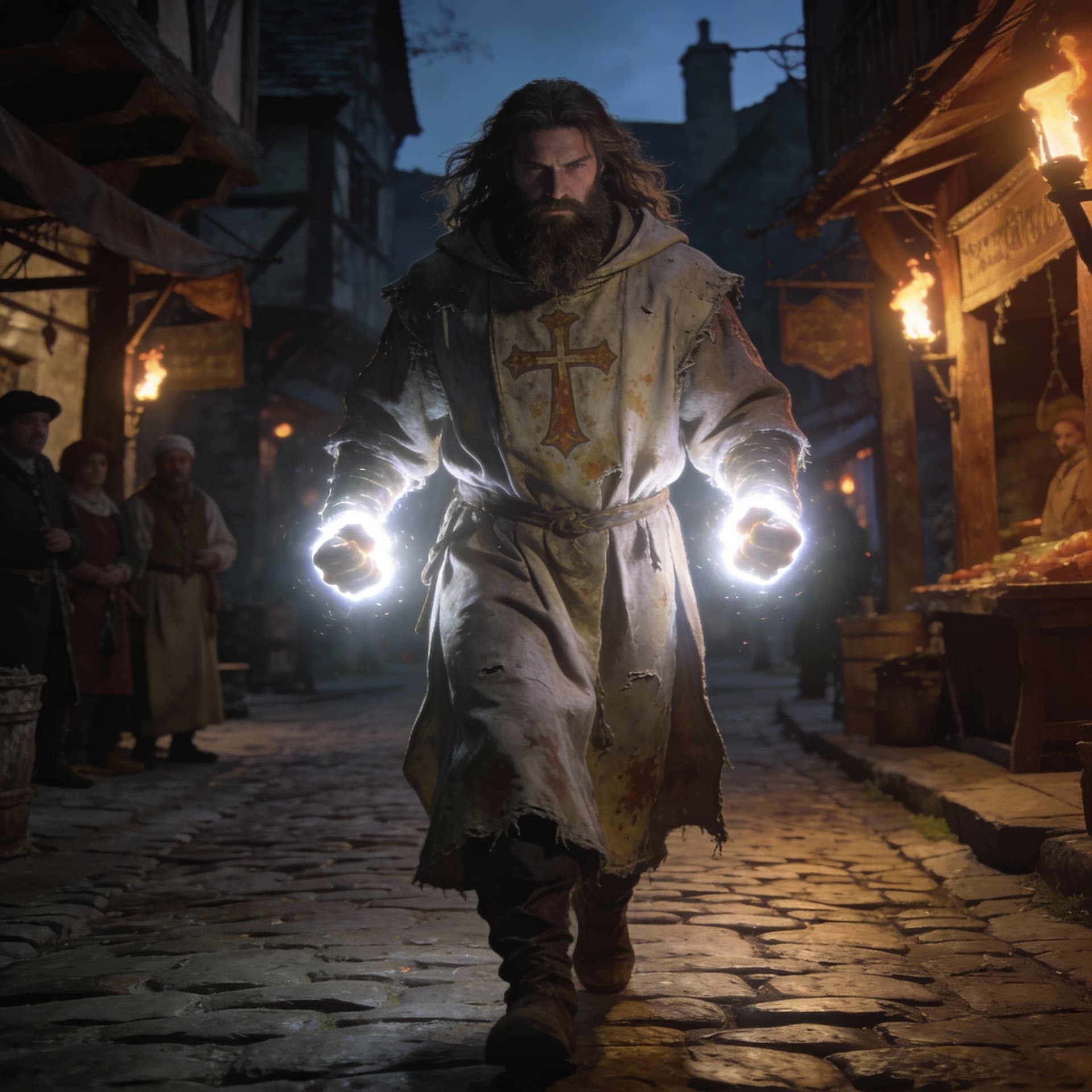 AI generated: human streetfighter with long hair and beard wearing a worn cleric tunic, white light glowing fists,...