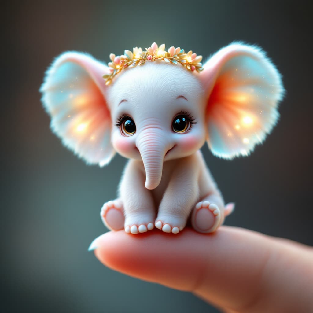 AI generated: An adorable tiny elephant sitting delicately on the tip of a human finger, its small size creating a...