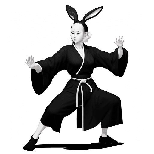 AI generated: cartoon sketch line art black and white rabbit woman monk simple robe kung fu pose