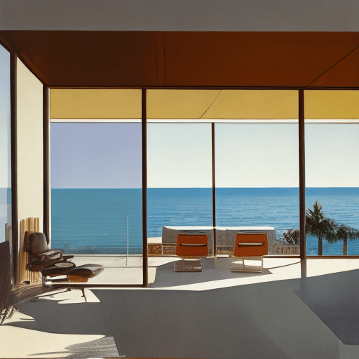 AI generated: Hyper realistic eye level exterior photo of a mid century modern style house overlooking the ocean, ...