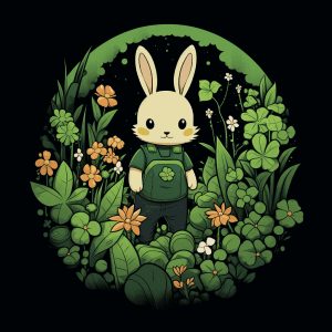 AI generated: A vintage tshirt design, nature core, a whimsical anime gardener rabbit with a lush garden, hd, 16lk...