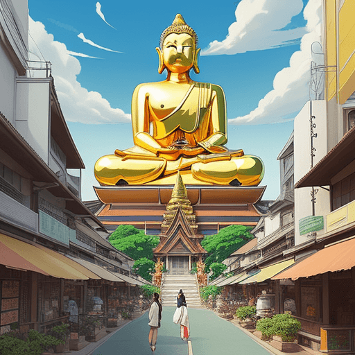 AI generated: perfect anime illustration of a Thai City with a big golden Budha statue in the city, art by studio ...