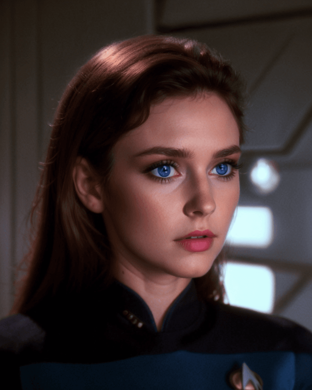 AI generated: 1girl, <lora:TNGS3Standalone:1> s3stngunf uniform, young beautiful woman in a room, makeup, perfect ...