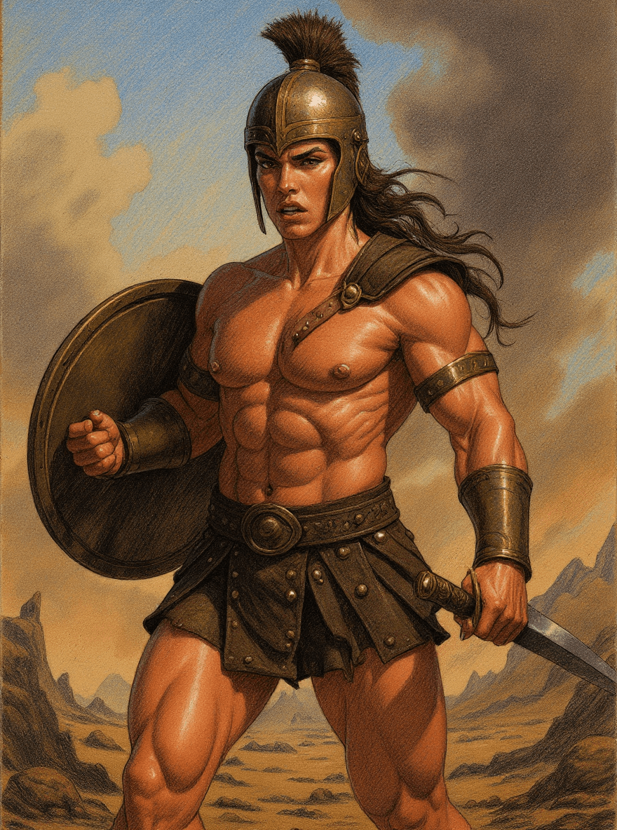 AI generated: Comic book realistic illustration, full body shot of a young gorgeous Spartan woman with thick aesth...