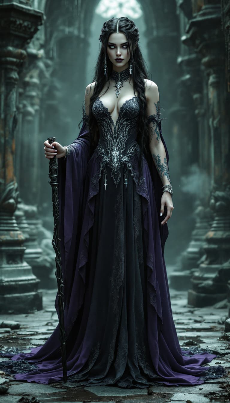 AI generated: An ultra-realistic, full-body portrait of a mesmerizing sorceress woman, exuding a chilling aura wit...