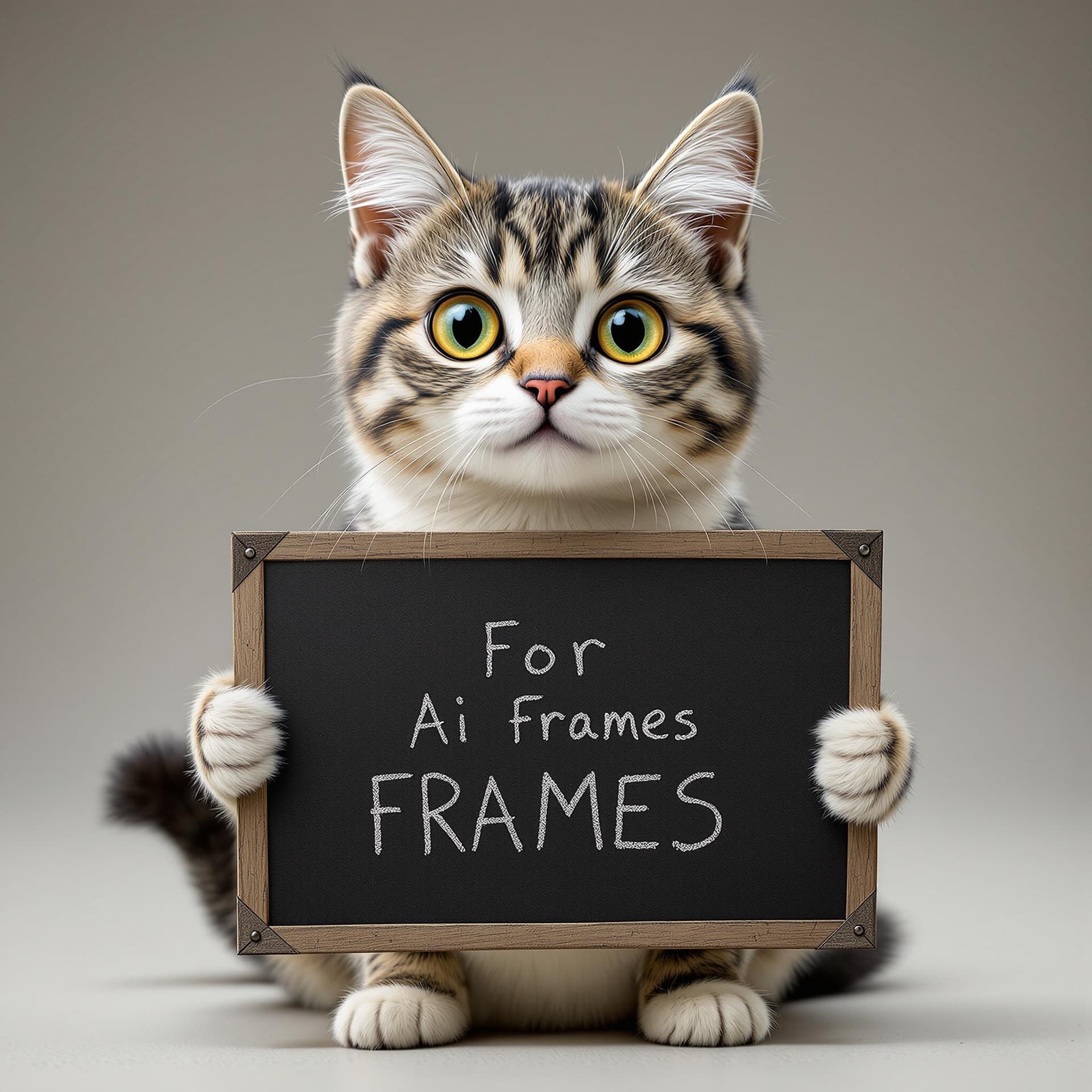 AI generated: realistic high quality photo of a cute cat holding a sign with text that reads : Ai Frames By Sanees...