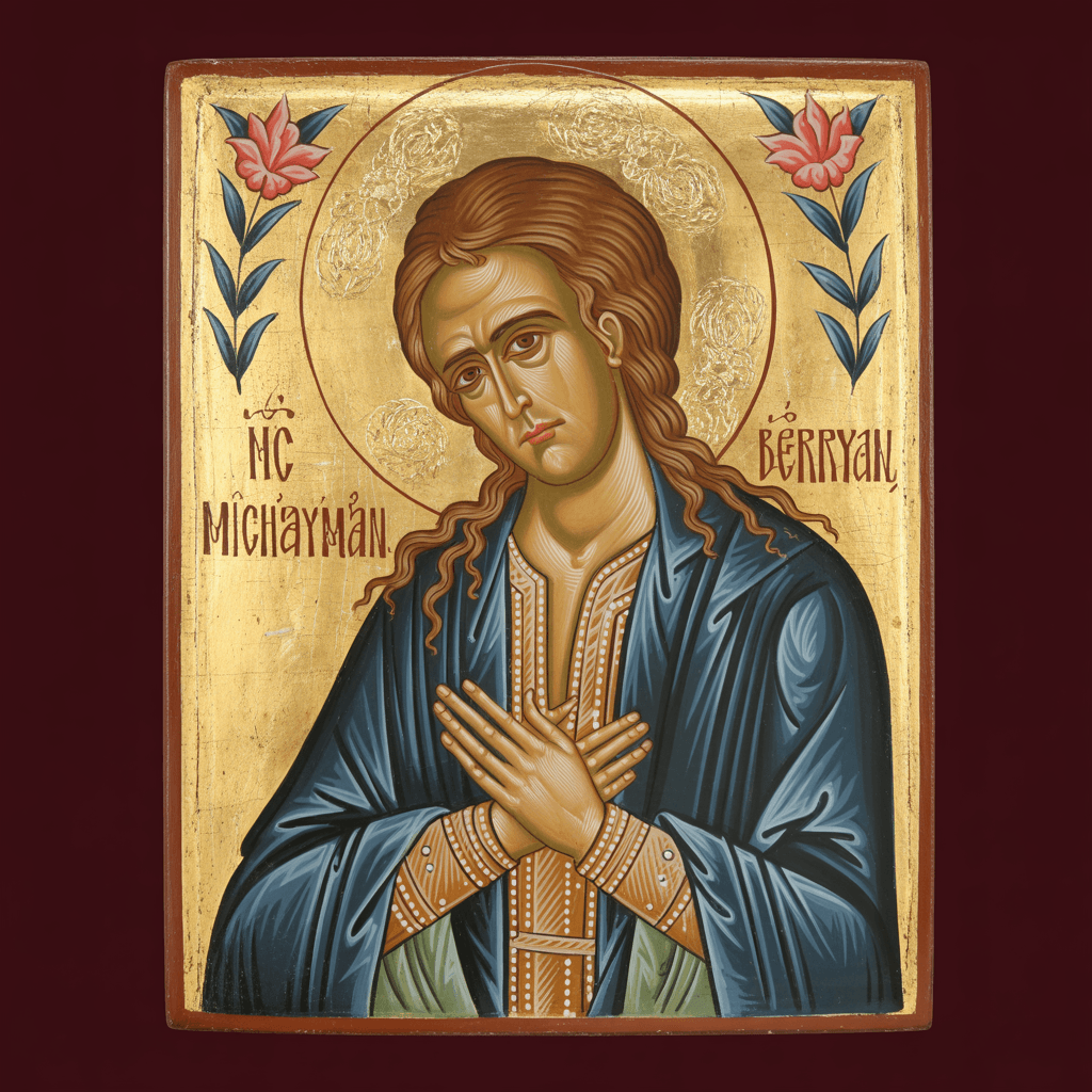AI generated: old byzantine icon painting of Michael Berryman