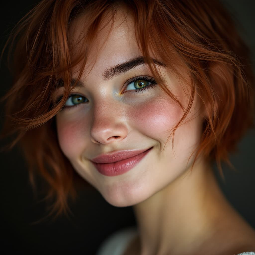 AI generated: hyperrealistic shot of 17-year girl with short, reddish-brown hair, big smile, thick eyebrows, puffy...