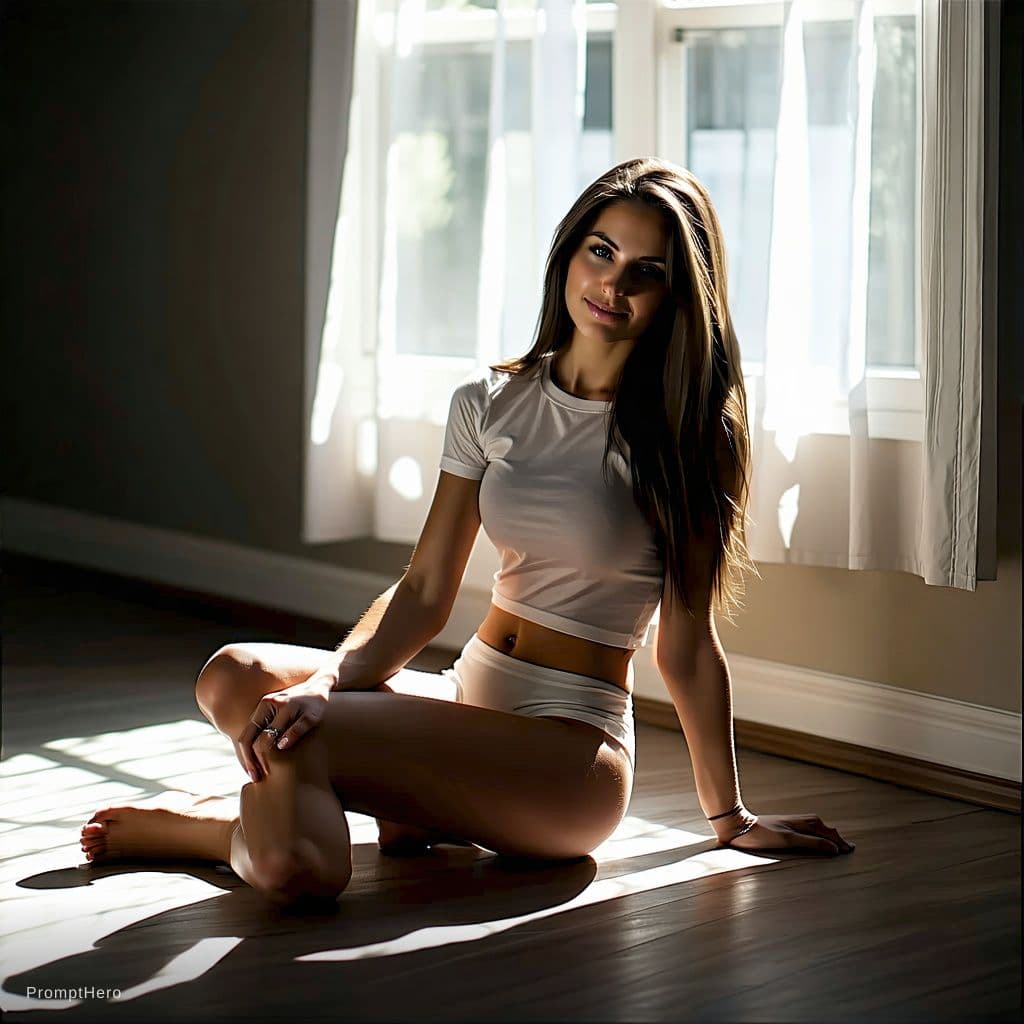 AI generated: woman, sitting on the floor in her home, sunlight shining in from a nearby window, busty, tight t-sh...