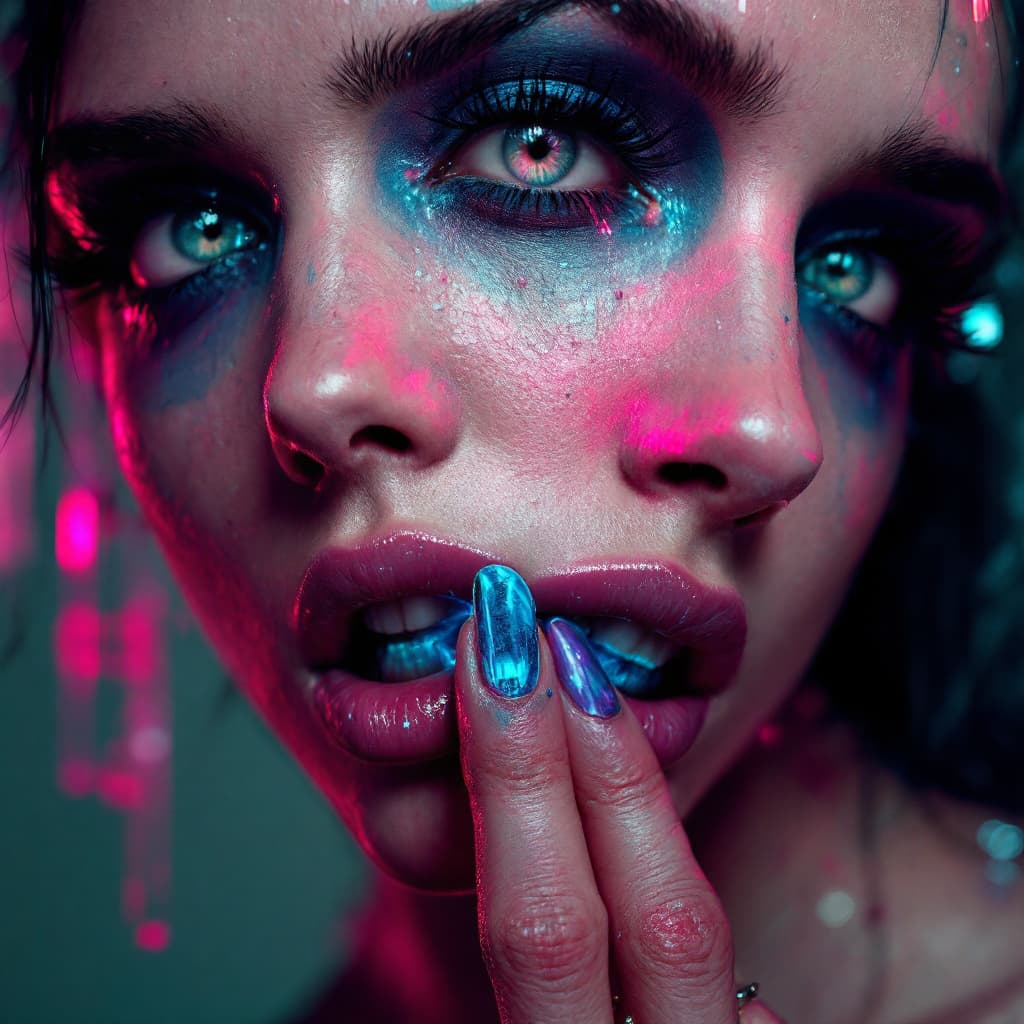 AI generated: A woman's face with a cyberpunk-style finger in her mouth 
