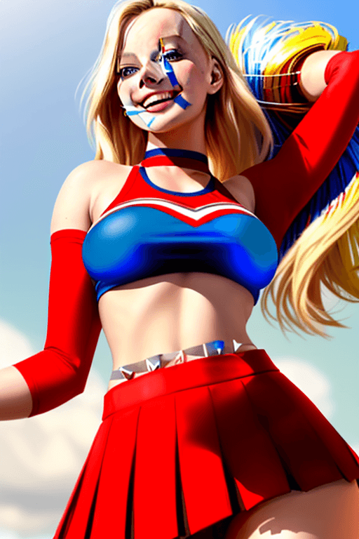 AI generated: A cute 21 year old blonde female, Megan Fox look-alike, with gigantic breasts wearing loose red crop...