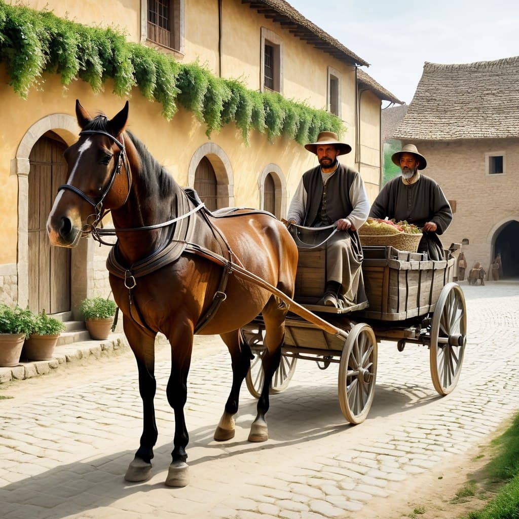 AI generated: epic realistic, renaissance peasant village,horse pulling a cart and in the cart is a peasant villag...