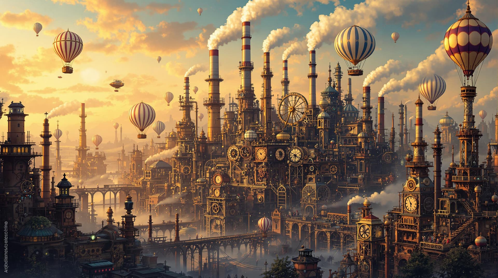 AI generated: A vibrant steampunk industrial landscape. At the center is a large factory with towering smokestacks...