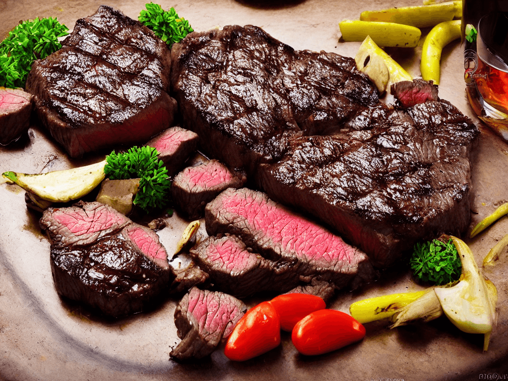 AI generated: yummy beef grill steak, food photograph, food styling, long shot, lens 85 mm, f 11, studio photograp...