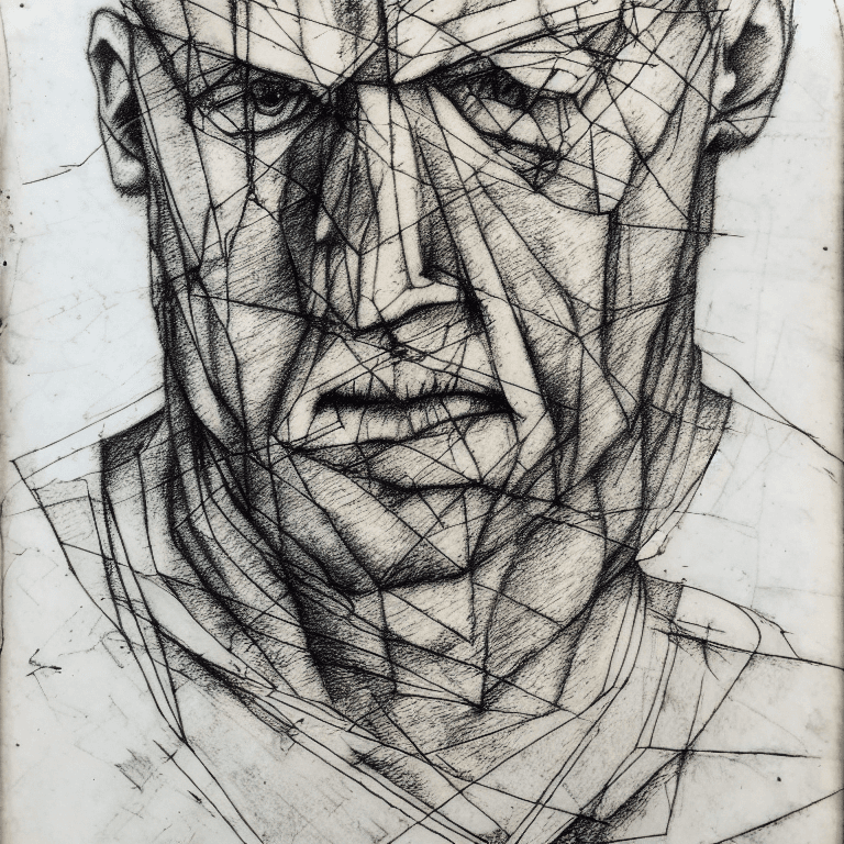 AI generated: drypoint engraving scribble illustration,  paranoid, annotated, messy, disorganized, man with Anatom...
