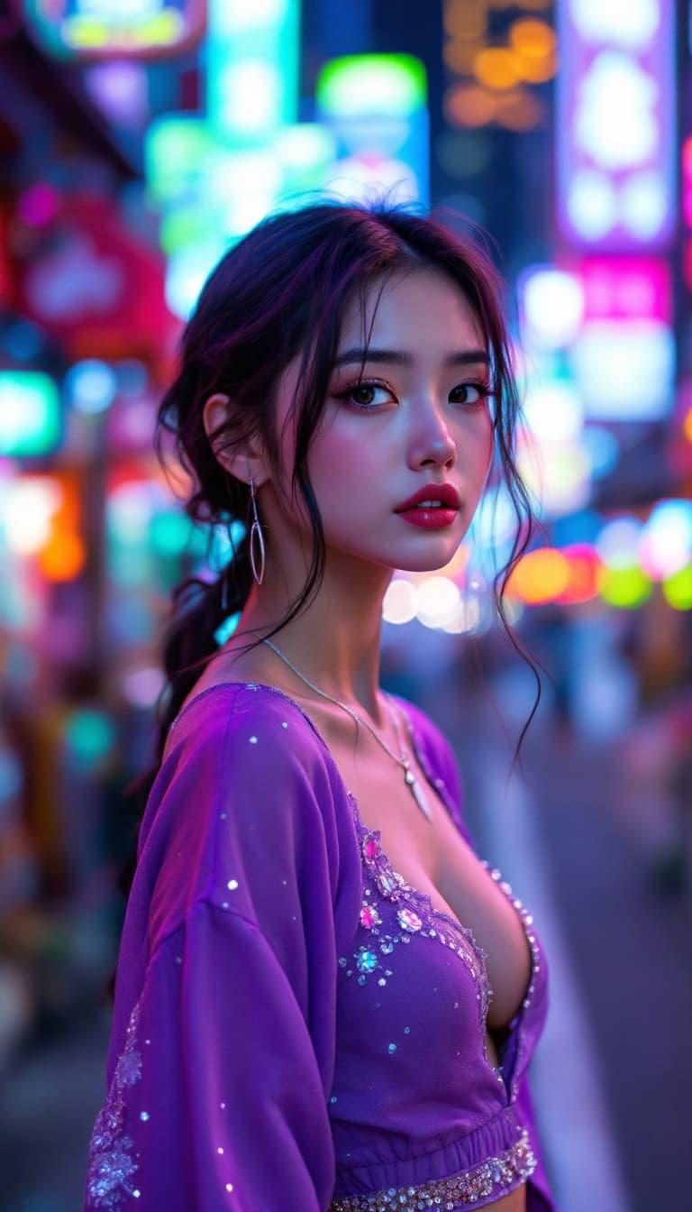 AI generated: a girl in a purple top in a neon city, in the style of chinapunk, iconic album covers, soft-focus po...