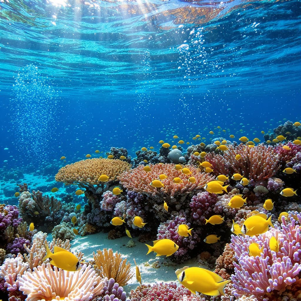 AI generated: Vibrant underwater scene with colorful coral reefs, mant diverse tropical fish, and clear blue water...
