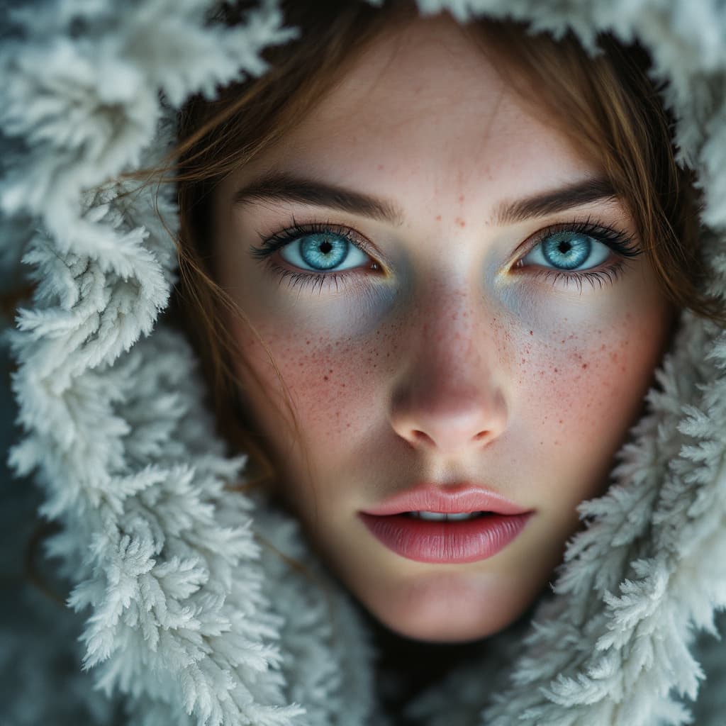 AI generated: A close-up portrait of a woman from Antarctica, the woman's face highly detailed, with a striking lo...