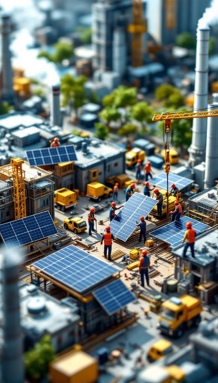 AI generated: A detailed and bustling miniature industrial zone where workers in red safety helmets and blue vests...