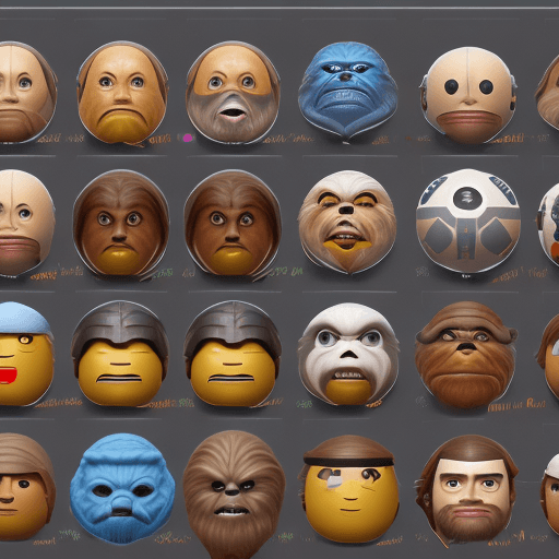 AI generated: table layout of eight unique and realistic star wars emojis, highly detailed, 8k, octane render