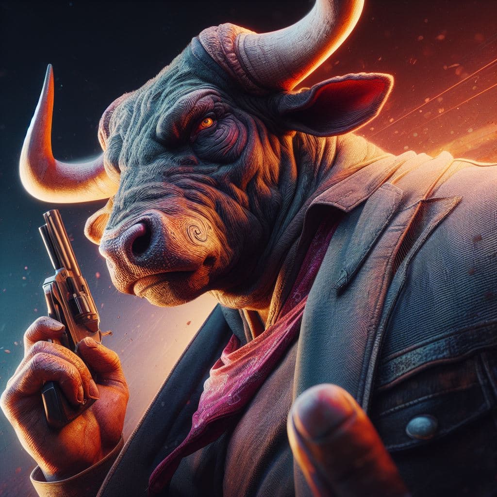 AI generated: Anthropomorphic bull cowboy in dynamics, highly detailed, packed with hidden details, style, high dy...