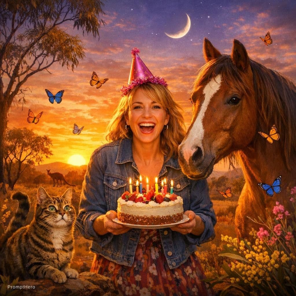 AI generated: A vibrant and joyful scene for a woman celebrating her birthday. The scene is set in the Australian ...