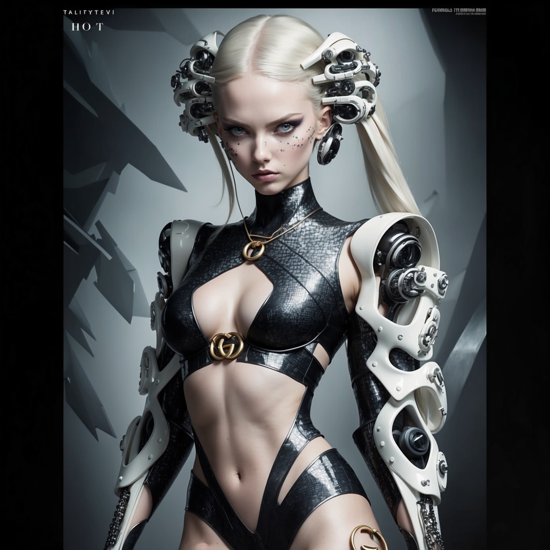 AI generated: Magazine cover, full body photo of (Gucci Future Fashion Line) Emotive eyes, Intense gaze, Contempla...
