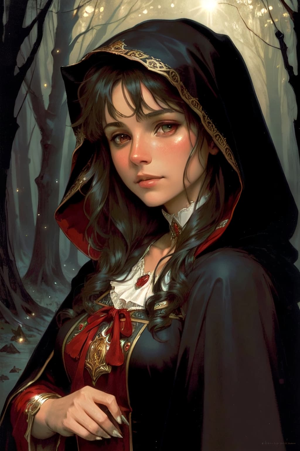 AI generated: closeup portrait of a cute red riding hood in a dark spooky forest, big bad wolf in background, scar...