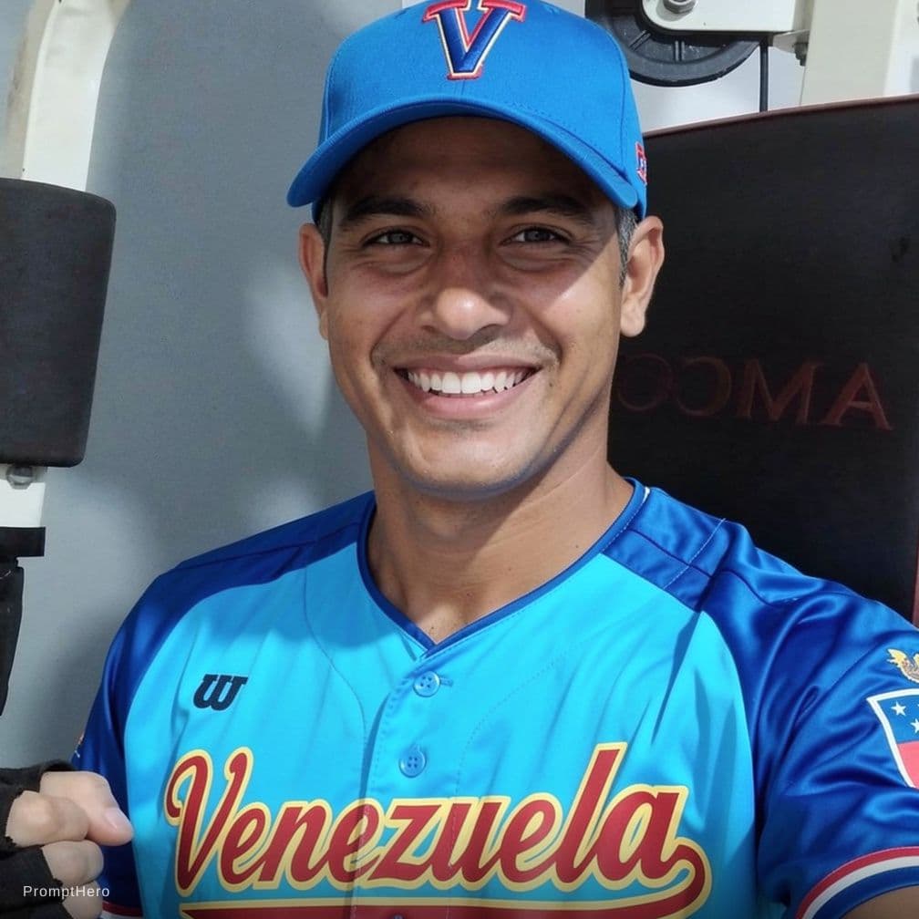 AI generated: hombre de la imagen de referencia, feliz  con el uniforme color azul de Venezuela beisbol 2026