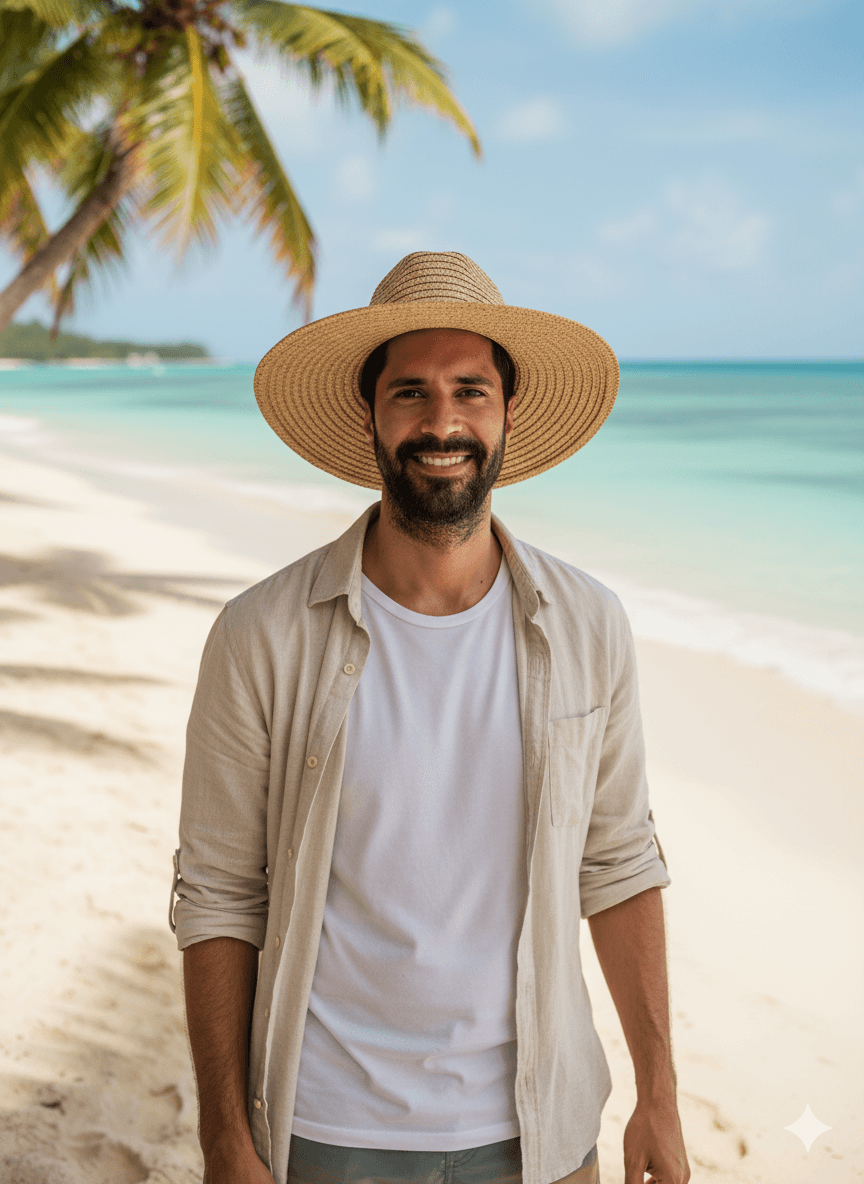 AI generated: "Travel influencer on tropical beach with summer hat, 8K UHD, ultra-realistic, photorealistic skin t...