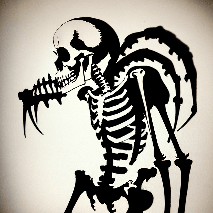 AI generated: Skeleton, in style of Banksy, character, ink art, side view --ar 2:3