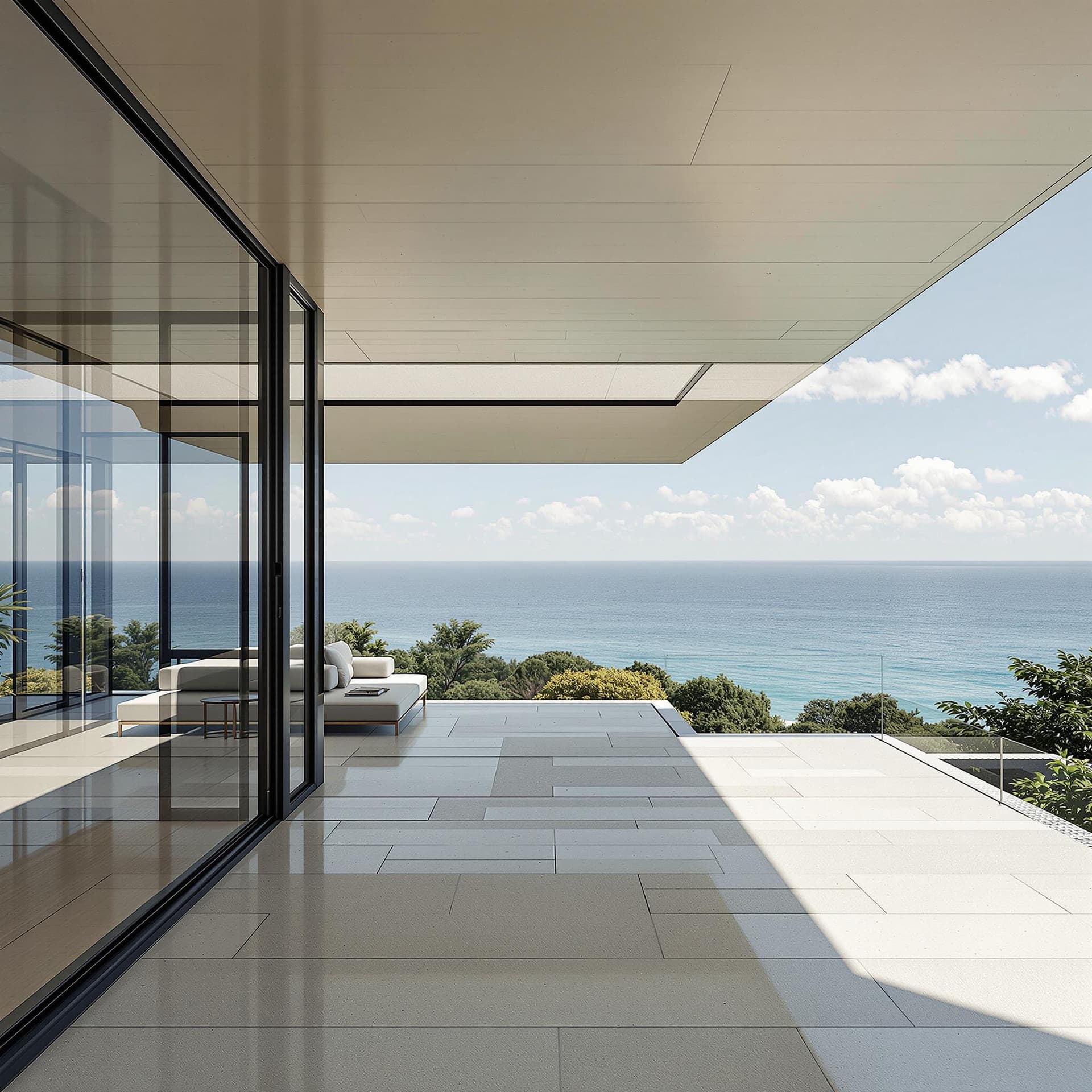 AI generated: Hyper realistic eye level exterior photo of a mid century modern style house overlooking the ocean, ...