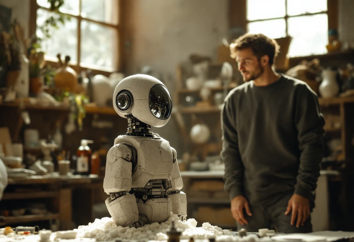 AI generated: A highly detailed cinematic shot capturing a human standing proudly, admiring a stone sculpture they...