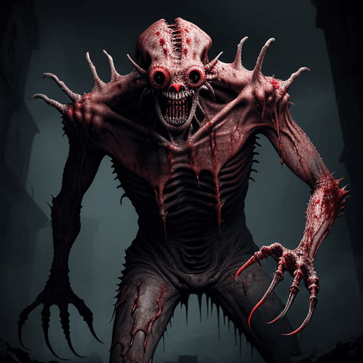 AI generated:  high quality foto of a bloody monster, 8k, long fingers, broken bones, holes instead of eyes