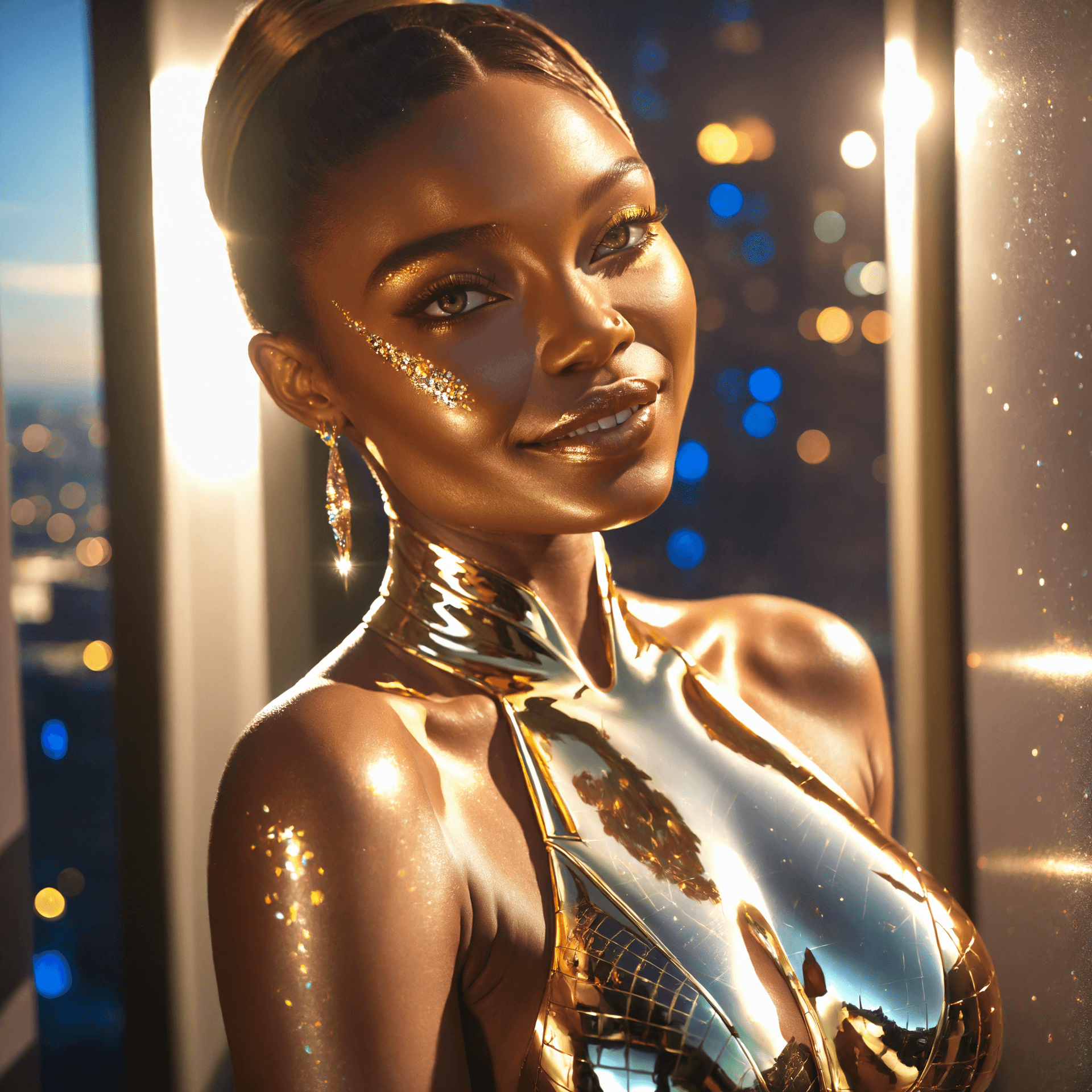 AI generated: glowing glittery skin, posing by the penthouse window, close up, suggestive look, (((subtle smiling ...