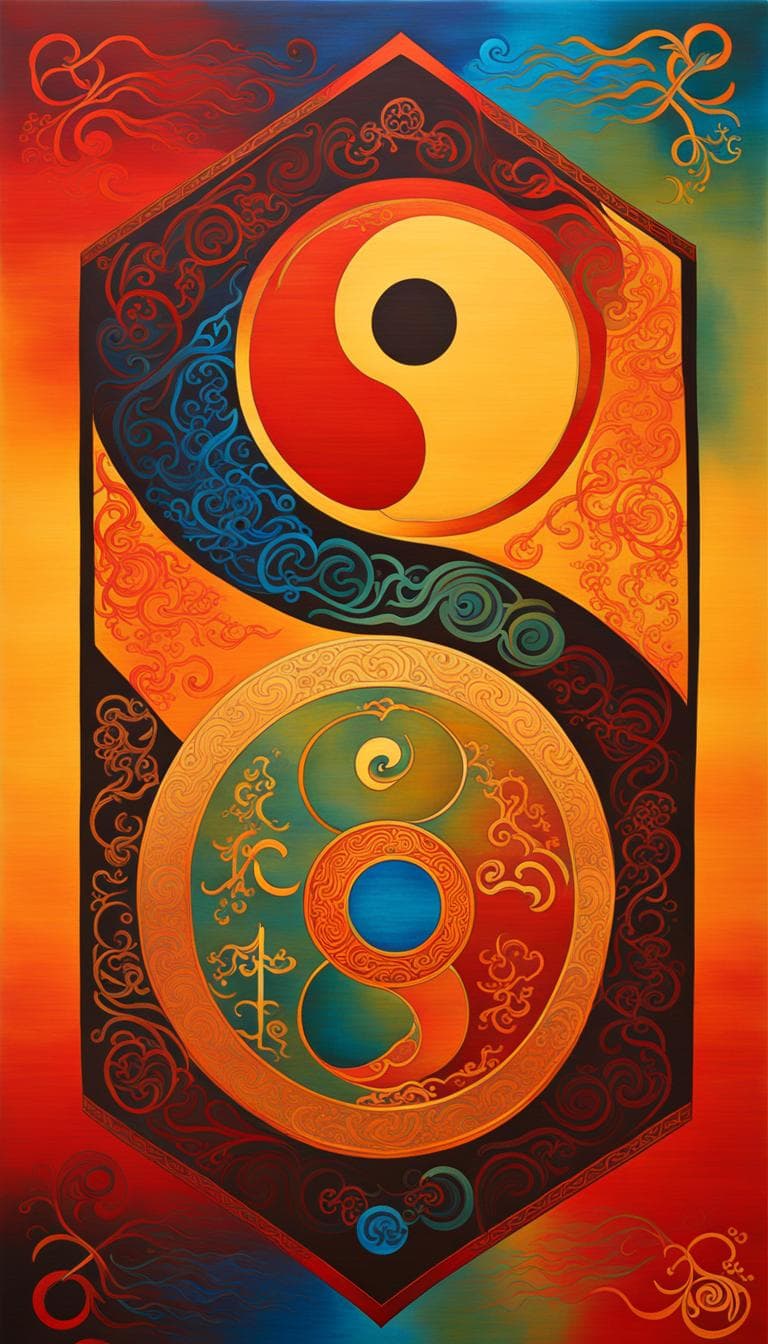 AI generated: (harmony, balance, yin-yang), Chinese silk painting, Tai Chi principles, fluid motion, interconnecte...