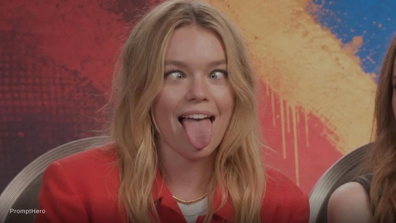 AI generated: Cross eyed woman sticks her tongue out in a goofy manner