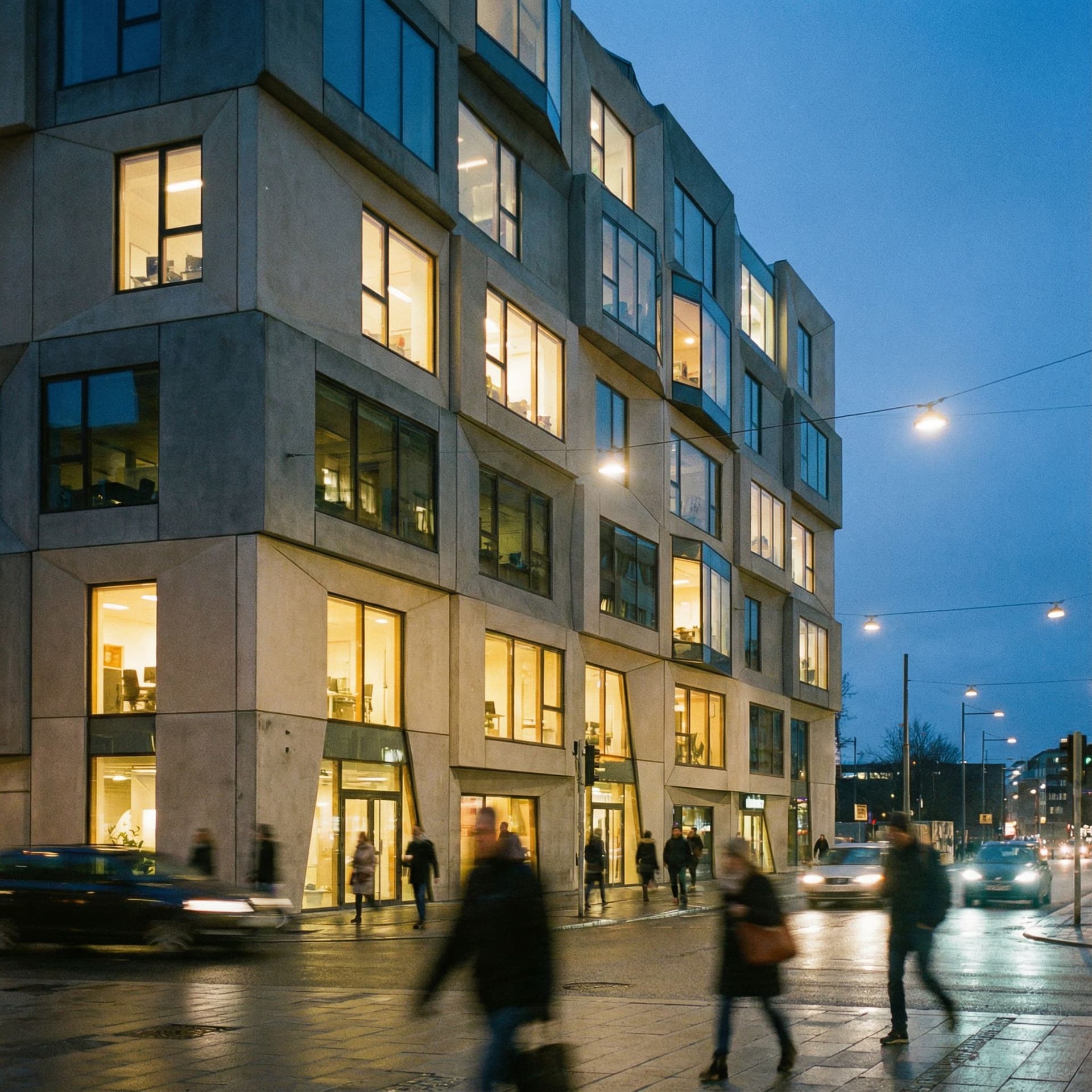 AI generated: photography, eye-level, front view, a contemporary urban building facade during twilight with pedest...