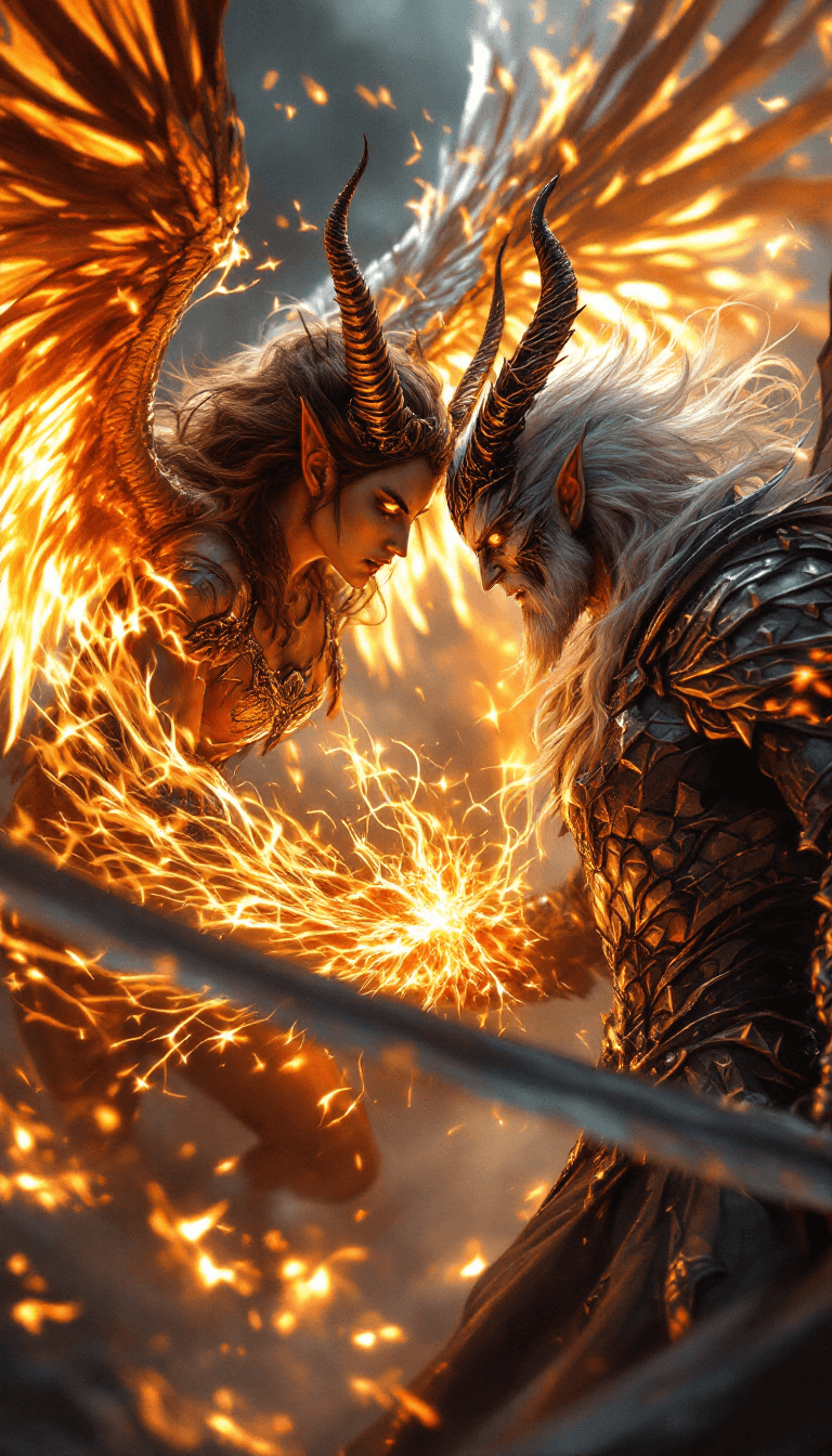 AI generated: Epic Fight between one angel and one demon, angel and demon wings, Extrem perky skin, freckles, real...