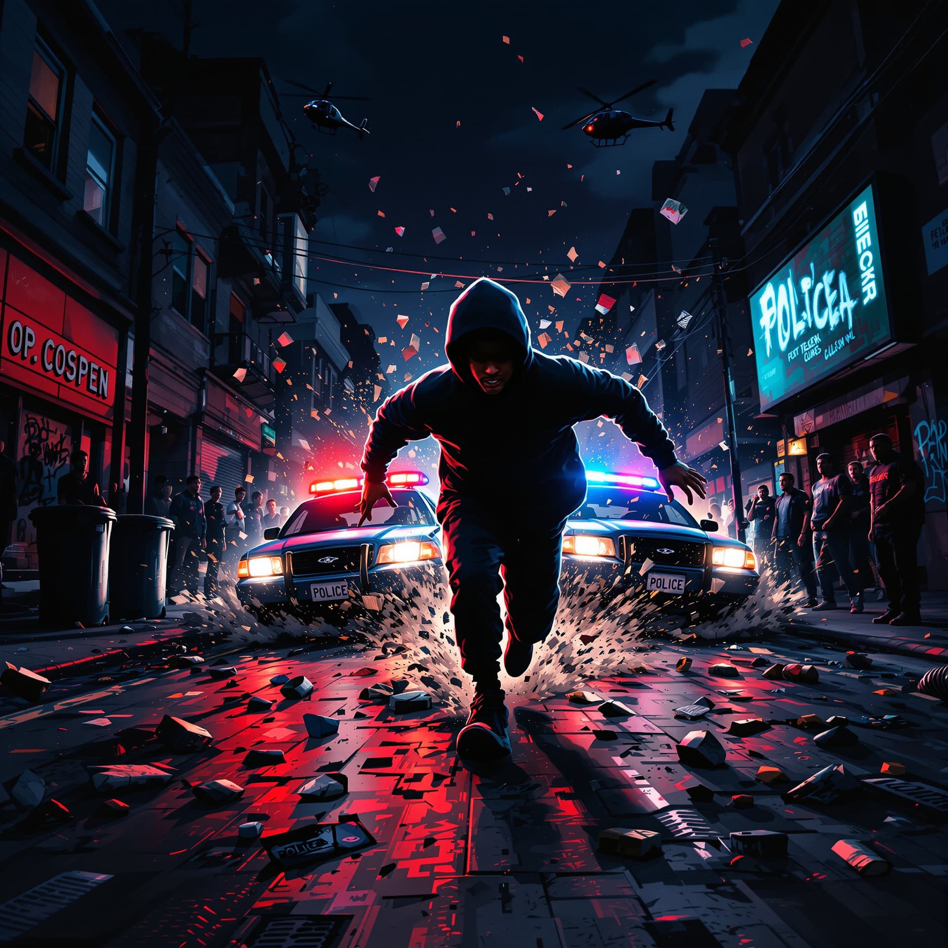 AI generated: FRONT view of a young black men in hoodie and urban wear running AT FULL SPEED towards us with fear ...