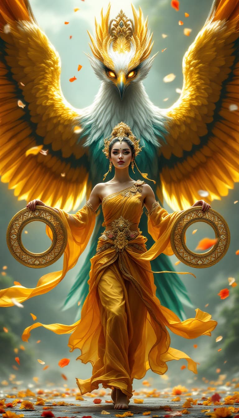 AI generated: An ultra-realistic, wide angle, front facing, full-body portrait of a mesmerizing Dancer in golden t...