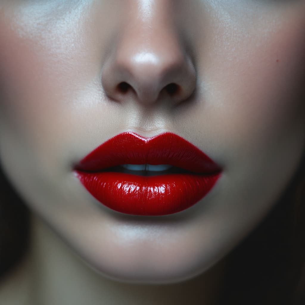 AI generated: A close-up of the red lips and nose of an elegant woman against a white background, in the style of ...
