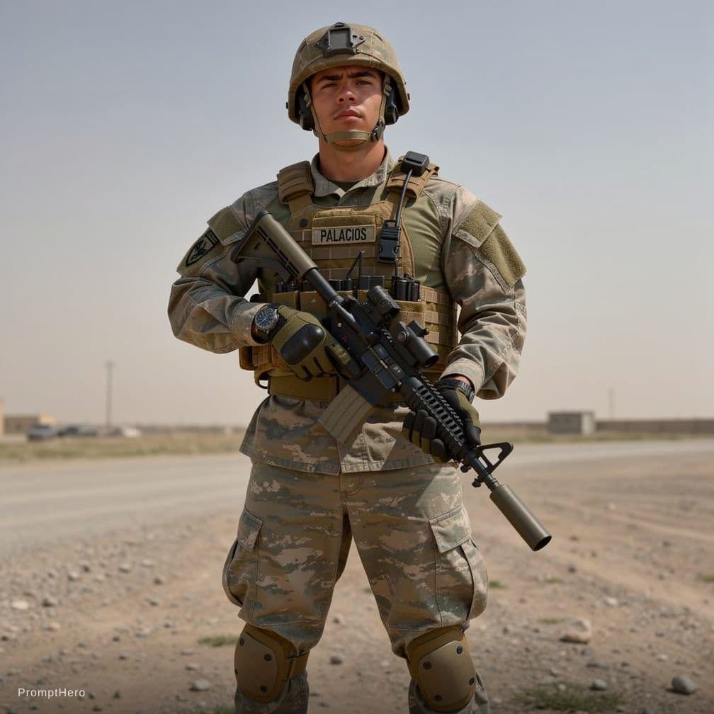 AI generated: ultra-realistic photo of a young male soldier, standing confidently, wearing modern U.S. Army combat...