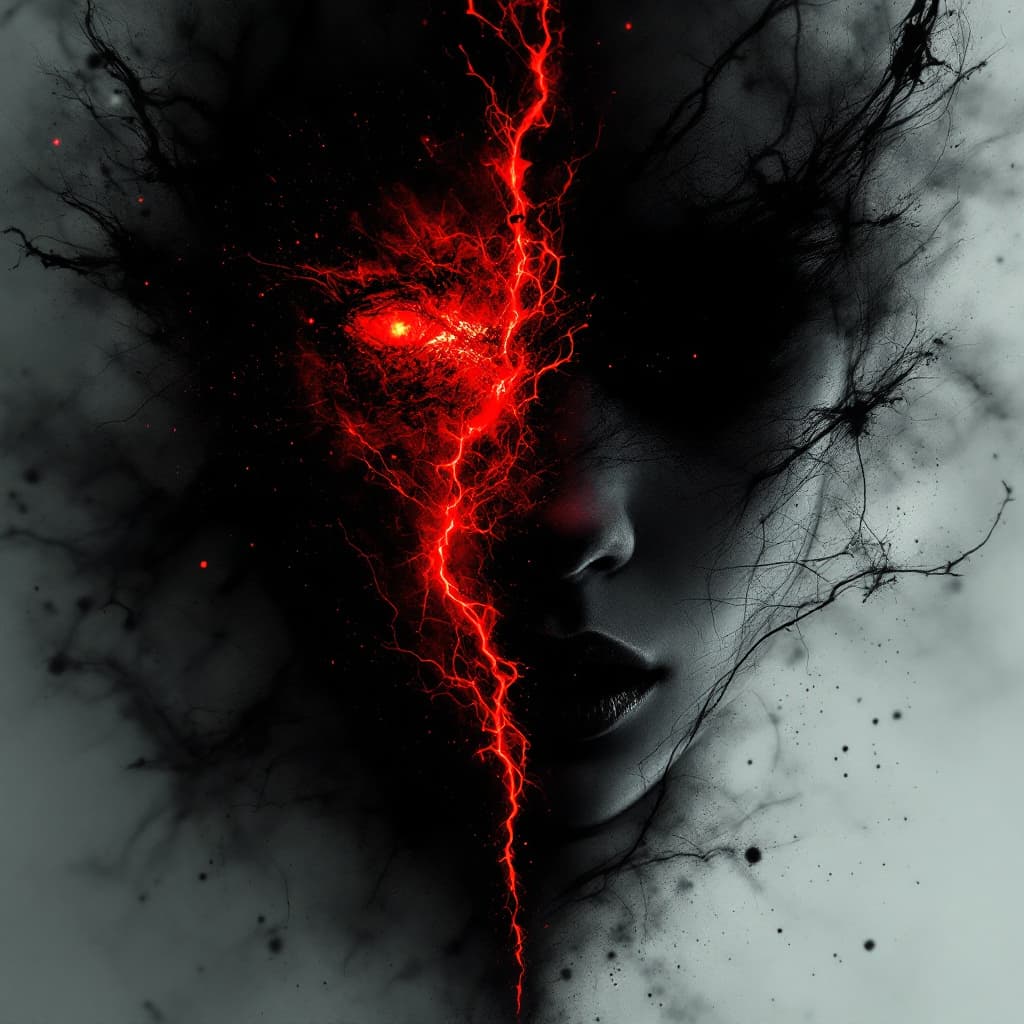 AI generated: Generate an image of a woman's face half veiled in shadow, half illuminated by a fiery red glow, sym...