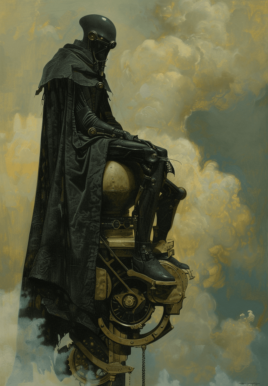 AI generated: An illustration in the style of Jean Giraud Moebius and Frank Frazetta of an alien dressed in a blac...