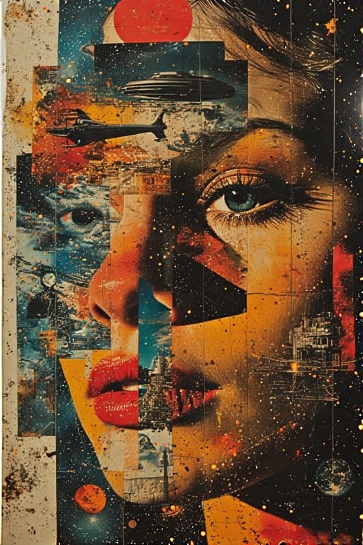 AI generated: A mid-century modern collage, made of random shapes from fashion and science magazines and text book...